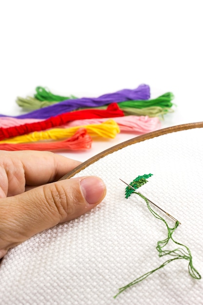 Workshop hands embroidering colorful pattern